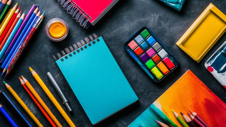 School supplies on blackboard. Back to school concept. Top view