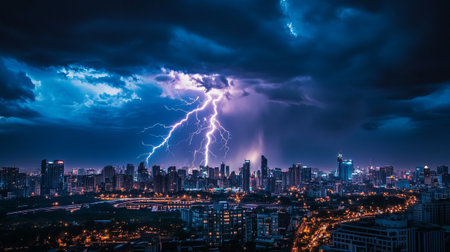 Thunderstorm over the city, lightning strikes the city at night.