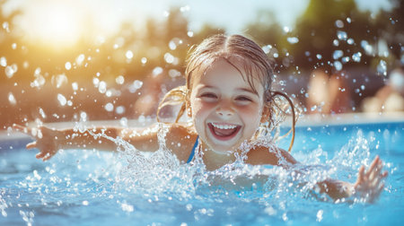 Portrait of happy little girl splashing water in swimming pool.のeditorial素材