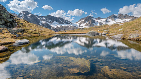 Panoramic view of alpine lake with reflection of mountains and clouds