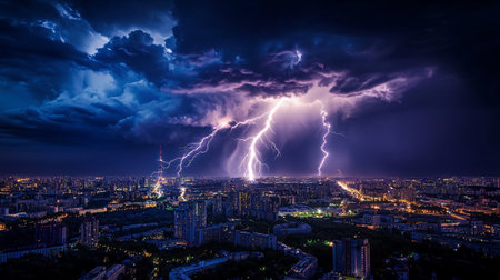 Thunderstorm over the city at night, lightning strikes in the city