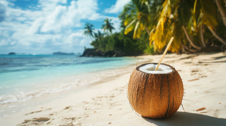 Coconut with drinking straw on tropical beach. Vacation concept