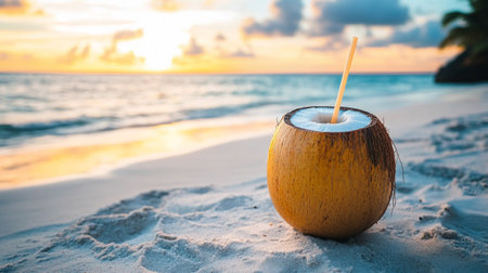 Coconut cocktail with straw on tropical beach at beautiful sunset time