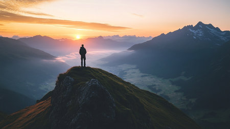 Man standing on top of a mountain and looking at the sunrise.