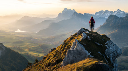 Silhouette of a hiker on top of a mountain in the Alps