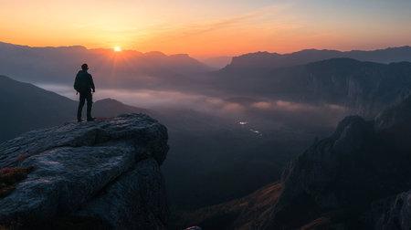 Silhouette of a man standing on the edge of a cliff and watching the sunrise over the valley