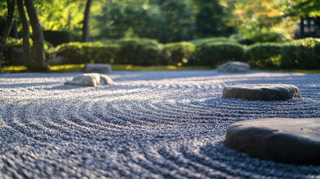 Japanese garden in the morning light with pebbles and stones.