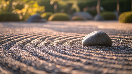 Japanese zen garden with stone in the morning light. Selective focus.