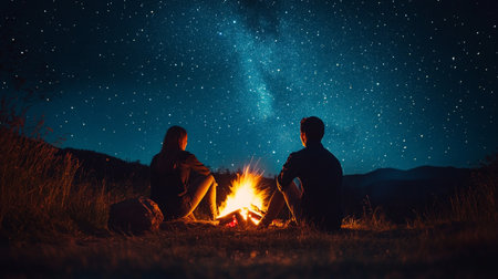 Young couple sitting near the campfire and looking at the milky way