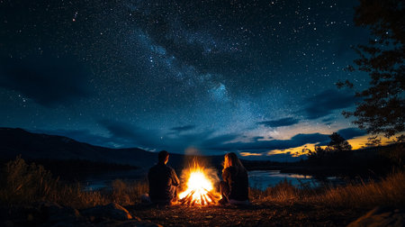 Young couple sitting near campfire and looking at night starry skyの写真素材