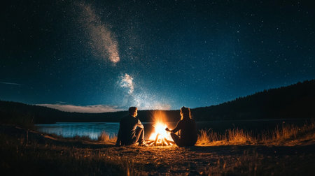 Young couple sitting by the campfire and looking at the milky wayの写真素材