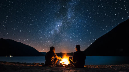 Young couple sitting by the campfire and looking at the milky way