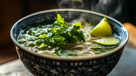 Ramen soup in a bowl with lime and parsley on wooden table
