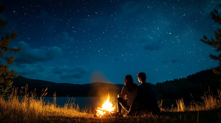 Young couple sitting by the campfire and looking at the night sky