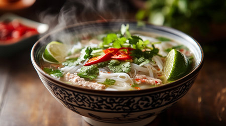 Vietnamese noodle soup with pork in bowl on wooden table