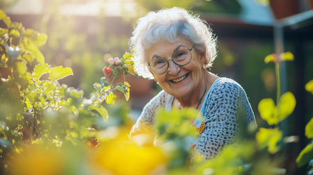 Smiling senior woman picking strawberries in her garden. Senior woman gardening.のeditorial素材