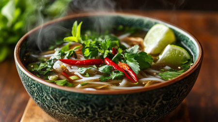 Vietnamese soup pho with chicken and vegetables in a bowl