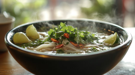 Bowl of Thai spicy noodle soup with lime and coriander