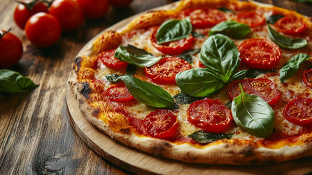 Pizza Margherita with cherry tomatoes and basil on wooden backgroundの写真素材
