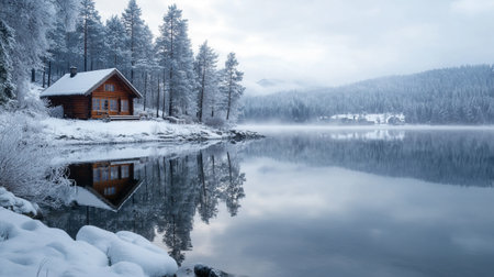 Beautiful winter landscape with a lake and a wooden house on the shoreの写真素材
