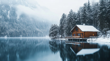 Beautiful winter landscape with wooden house on the shore of lake.の写真素材