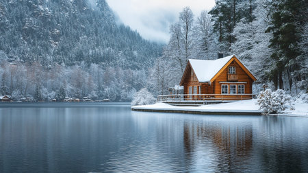 Beautiful wooden house on the shore of a lake in winter.の写真素材