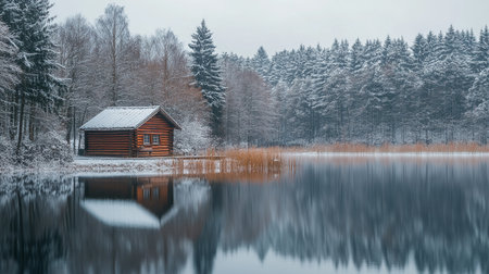 Wooden house on a lake in the winter forest. Winter landscape.の写真素材