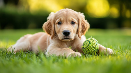 Cute Golden Retriever puppy playing with ball in the grassの写真素材