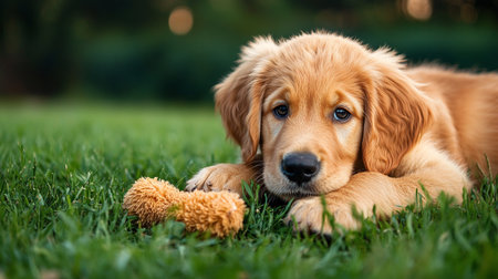 Cute Golden Retriever puppy playing with a toy on the grassの写真素材