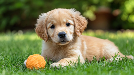 Cute Golden Retriever puppy playing with a ball in the gardenの写真素材