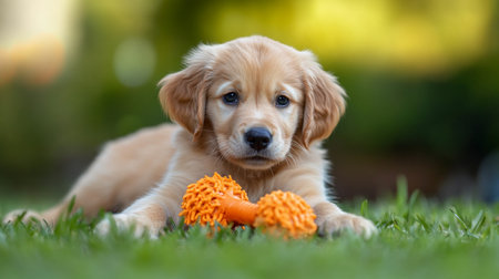 Adorable Golden Retriever puppy playing with a toy in the gardenの写真素材