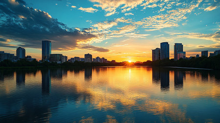 Beautiful sunset over the lake in the city with reflection in waterの写真素材