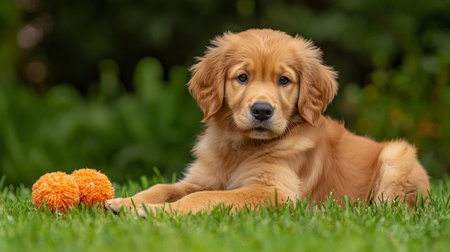 Cute Golden Retriever puppy lying on the grass with ball