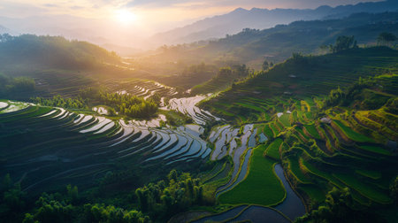 Aerial view of rice terraces at sunset, Mu Cang Chai, YenBai, Vietnamの写真素材