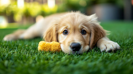Cute Golden Retriever puppy lying on the green grass.の写真素材