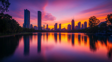 sunset in the lake and skyscrapersの写真素材