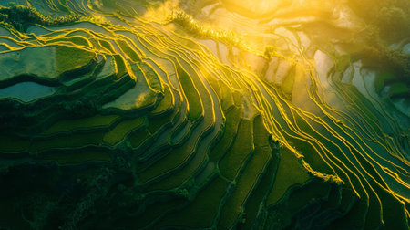 Aerial view of green rice terraces in Mu Cang Chai, YenBai, Vietnamの写真素材
