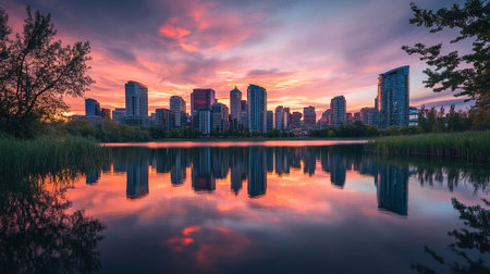 Sunset over a lake with skyscrapers reflecting in the waterの写真素材