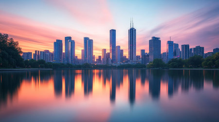 Sunset in the city park with skyscrapers by the lakeの写真素材