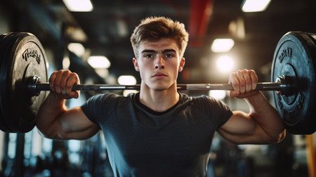 Portrait of a young man lifting a barbell in a gymのeditorial素材