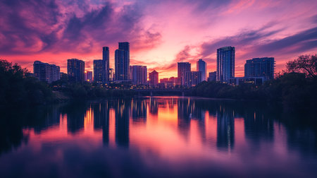 Sunset over a lake in the city of Shenzhen, Chinaの写真素材