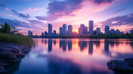 Cityscape with lake in the park at sunset, Bangkok, Thailandの写真素材