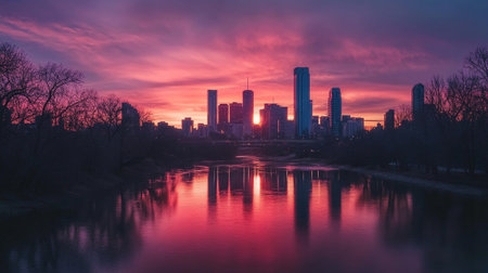Sunset over the Moscow river with skyscrapers in the backgroundの写真素材