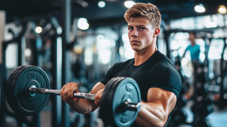 young man in sportswear training with dumbbells in gymのeditorial素材
