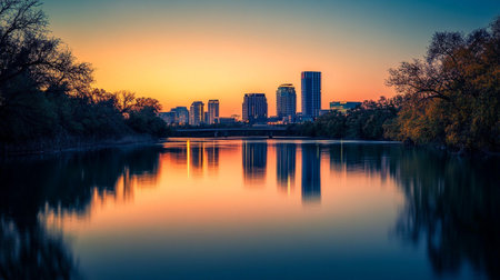 Sunset over the lake with reflection of buildings in the water.の写真素材