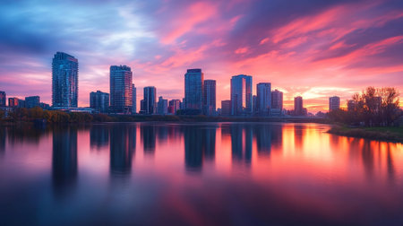 Cityscape at sunset with reflection in the riverの写真素材