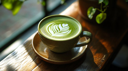 Green tea latte art on wooden table in coffee shop, stock photoの写真素材