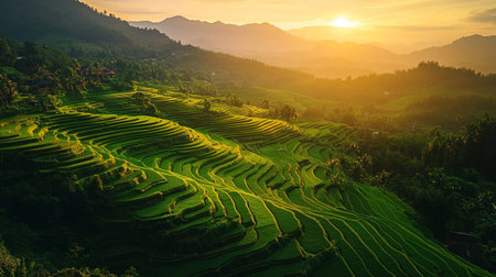 Rice terraces at sunset in Mu Cang Chai, YenBai, Vietnamの写真素材