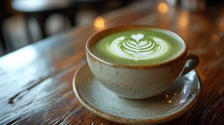 Green tea latte art on the wooden table in coffee shop.