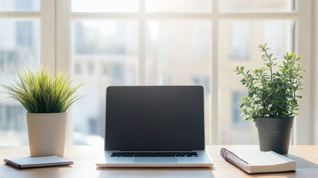 Laptop computer with blank screen on office desk with notebook and plant